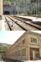 Portbou lies between two hills with tunnels to the north and south, with the northerly one crossing the border into France. The upper image shows the main tunnel south for the RENFE broad gauge tracks to Figueres, Girona and Barcelona. The lower image shows the opposite side of the large south end station building, beyond which there is a smaller tunnel for the SNCF standard gauge tracks from France serving the external platform at the station [See image 53237]. This may be a dead end tunnel to provide a headshunt for run round purposes beyond the restricted space around the station. <br><br>[David Pesterfield 07/08/2015]