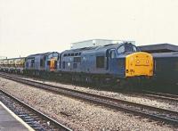 37203 and 37204 passing through Swindon Station bound for Westbury and the Somerset Quarries in December 1982.<br><br>[Peter Todd 09/12/1982]