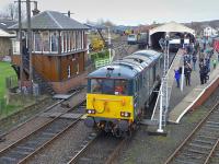 Caledonian Sleeper loco 73966 makes a guest appearance at the Bo'ness and Kinneil Railway's Winter Gala on 3 January, backing on to the 12.30 to Manuel.<br><br>[Bill Roberton 03/01/2016]