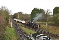 Ivatt LMS 2-6-0 46521 approaching Quorn and Woodhouse with the <I>Windcutter</I> mineral wagons on 29 January 2016.<br><br>
Given the erratic weather, the best place to catch some sun - albeit late afternoon.<br><br>[Peter Todd 29/01/2016]