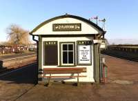 An LNER (GCR) waiting room stands on the platform at the original GCR Quainton Road station and houses a small exhibition about the Brill Tramway. Trains for Brill departed from this platform but the rural branch closed in 1935. <br>
<br><br>[Peter Todd 24/02/2016]