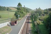 View east at Llanbister Road. The open platform formerly handled eastbound trains only. The disused westbound platform is to right.<br><br>[Ewan Crawford //2002]