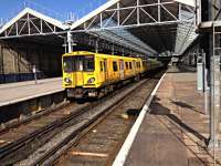 Merseyrail unit partly basking in the sun at Southport April 2016.<br><br>[Veronica Clibbery /04/2016]
