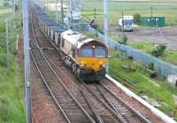 Coal empties approaching Carstairs from the south in the summer of 2006 behind EWS 66203.<br><br>[John Furnevel 11/07/2006]