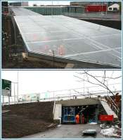 The new underpass running below the A8 which will provide a pedestrian link between the Gyle retail park and the new Edinburgh Gateway Interchange, photographed on 14 November 2016. Upper picture looking north towards the new station from the A8, with members of the project team visible below the glass roof heading into the underpass. Below is the south entrance seen from the Gyle Centre car park.  <br><br>[John Furnevel 14/11/2016]