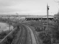 Looking to the site of Grangemouth station in 1987. The lines in the foreground run to the oil terminal (left) and Grange Dock (right). This was the location of Grangemouth No 3 box which controlled the approach to the many docks at Grangemouth. The view is from station road which originally crossed an earlier incarnation of the railway on the level.<br><br>[Bill Roberton //1987]