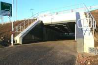 New station entrance. The pedestrian underpass that now provides a direct connection below the A8 between the Gyle retail park and Edinburgh Gateway Interchange, seen here on 26 January 2017 looking north from the Gyle Centre car park. <br><br>[John Furnevel 26/01/2017]