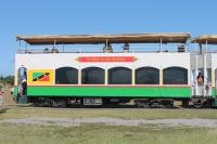 A double decked St Kitts Scenic Railway coach. The five in use are substantial vehicles, built in the USA around 2002. The lower saloon is air conditioned with loose wicker seating and tables - very colonial. The popular upper decks have longitudinal benches and are completely open apart from the canopy cover - ideal for en route photography.  <br><br>[Mark Bartlett 18/02/2017]