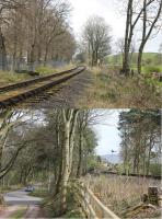 Two images of the Eden Valley Railway at Warcop. The upper view looks north west showing the railway running alongside the fence of Warcop army camp towards Appleby. The lower image looks back towards Warcop station, its approach road and the EVR preservation base on 15th April 2017.  [Ref query 997]<br><br>[Mark Bartlett 15/04/2017]