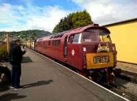 Driver to photographer: Did you get my good side? D1015 Western Campaigner is ready at Minehead to return railtour passengers along the WSR to pick up their HST for Paddington.<br><br>[Ken Strachan 13/05/2017]