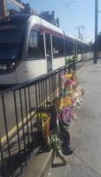 Flowers placed close to the location where cyclist Zhi Min Soh died in a vehicle accident after her wheel became stuck in tram tracks in Edinburgh. <br><br>[John Yellowlees 03/06/2017]
