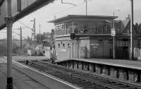 Balloch Central signal box seen from the old station platforms. After closure of the Balloch Pier line the new Balloch station was constructed on the other side of the road eliminating the need for the level crossing. <br>
<br><br>[Bill Roberton //1986]