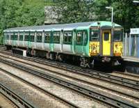 Southern trains 455838 arrives at Penge West on 12 July 2002. The train is operating a service from London Bridge to Caterham via Forest Hill<br><br>[Ian Dinmore 12/07/2002]
