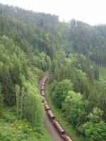 A DB ballast train weaves its way north towards Triberg on the<br>
Schwarzwaldbahn on 1st June, part-way along the dramatic looping alignment required for the railway to reach the watershed between rivers flowing to the Rhine and to the Danube. The photographer took this shot from the purpose-built panoramic viewpoint shown on the side of the loco in [See image 59822], and he saw the ballast train at four different locations above and<br>
below him within the space of less than 10 minutes (but poor light precluded<br>
more than one decent shot).<br>
<br><br>[David Spaven 22/06/2017]