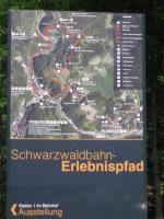 A substantial information board outside Triberg station illustrates<br>
the dramatic sweep of the Schwarzwaldbahn (the black and white line) and the<br>
accompanying Erlebnispfad (discovery path) in red. This considerable feat of<br>
engineering, which proved to be a model for rail construction in other<br>
mountainous parts of the world, involved a distance of 11 km as the crow<br>
flies from Hornberg to St Georgen being extended to 26 km of track length -<br>
but with the outcome that no gradient is steeper than 1 in 50. <br>
<br><br>[David Spaven 03/06/2017]