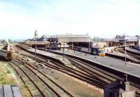 View north east over Perth station on 16 July 1992 with the up <I>Highland Chieftain</I> recently arrived at platform 4.<br><br>[John Furnevel 16/07/1992]
