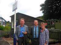 Platform scene at Rogart during a break in the making of BBC2's popular TV series <I>Great British Railway Journeys</I>. Michael Portillo is standing alongside Frank and Kate Roach.<br><br>[John Yellowlees Collection /09/2012]