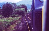 A Class 37 with an Oban to Glasgow service takes the road to Crianlarich (Upper) station on a dull and wet afternoon in August 1985. The track to the left was all that was left of the original C&O line to the Lower station.<br><br>[John McIntyre /08/1985]
