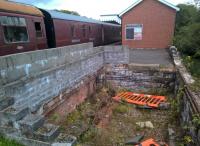 The former, and hopefully future, site of Blaenavon High Level signal box. Notice the slots to allow the rodding to pass through the brick lower wall.<br><br>[Ken Strachan 19/08/2017]