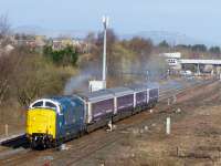 Running in the guise of former Finsbury Park classmate 55003 'Meld', 55022 sets off from Perth with an Inverness - Polmadie ECS working on 27th March 2015.<br>
<br>
<br><br>[Graeme Blair 27/03/2015]