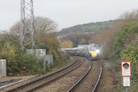 The 1029 Swansea to London Paddington service, formed by new Class 800 electro-diesel sets 800011 and 800013, seen approaching Neath on 16th November 2017.<br>
<br>
<br><br>[Alastair McLellan 16/11/2017]