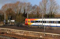 A South West Trains Class 158 waiting to leave Swindon for Melksham and Westbury on 14th December 2017.<br>
<br>
<br><br>[Peter Todd 14/12/2017]