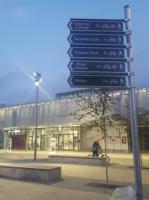 Walking and cycling route signs outside the new Cambridge North station. 7th December 2017.<br>
<br><br>[John Yellowlees 07/12/2017]