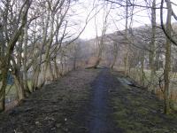 It takes faith and imagination to plot the first 100 yards of the Selkirk<br>
branch from the junction, a mile or so south of Galashiels station.<br>
Suddenly though on the south side of the Gala Water, the embankment of the<br>
old branch rears up. This view looks towards the junction. The timbers on<br>
the right probably held the ground frame for the gasworks siding.<br>
<br><br>[David Panton 30/01/2018]