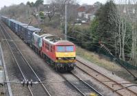 DBS 90018 and 90024 work a Mossend to Daventry intermodal service towards Preston passing the Oxheys Loop on 22nd January 2018. This was once a four track line from Preston but now just two tracks suffice plus this Up Loop and the Down Loop at Barton & Broughton. <br><br>[Mark Bartlett 22/01/2018]