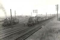 Scene at Hurlford looking south on 22 May 1961. Horwich Mogul 42905 is about to pass with a down coal train, while classmate 42834 waits in the shed sidings.    <br><br>[G H Robin collection by courtesy of the Mitchell Library, Glasgow 22/05/1961]