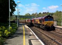 <h4><a href='/locations/F/Freshford'>Freshford</a></h4><p><small><a href='/companies/B/Bradford_Line_Frome,_Yeovil_and_Weymouth_Railway'>Bradford Line (Frome, Yeovil and Weymouth Railway)</a></small></p><p>Every Saturday, there are one or two coupled processions of three or four Class 66s running from South Wales (Newport ADJ or Margam) to Eastleigh for servicing (e.g. refuelling). In this shot on 5th May 2018 a colourful sandwich of EWS 66221, DB 66131 and EWS 66013 haul empty car carriers from Alexndra Dock Junction to the South Coast. My first freight shot at Freshford, after visiting for some six years! 88/122</p><p>05/05/2018<br><small><a href='/contributors/Ken_Strachan'>Ken Strachan</a></small></p>