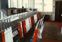 Inside Stranraer Harbours signalbox. Note the semaphore signal hard against the box (back window). Complete with obligatory section of carpet. Access by kind permission of British Rail.<br><br>[Ewan Crawford //1988]