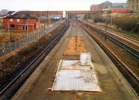 Rutherglen, closed mainline station, looking east. Near here the Polloc and Govan Railway and Clydesdale Junction Railway connected. Building on left demolished.<br><br>[Ewan Crawford //1988]