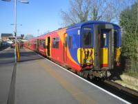 <h4><a href='/locations/H/Hampton_Court'>Hampton Court</a></h4><p><small><a href='/companies/H/Hampton_Court_Branch_London_and_South_Western_Railway'>Hampton Court Branch (London and South Western Railway)</a></small></p><p>455919 from Waterloo, just arrived at Hampton Court, on 23rd February 2019. This terminus station on a branch from the LSWR main line west of Surbiton, opened on 1st February 1849 and is in the village of East Molesey on the south side of the bridge over the Thames, Hampton Court Palace being on the north. In 2022, as they approach forty years of service, South Western Railway has begun to withdraw the Class 455 EMUs, replacing them with new Class 701s as they are delivered. 7/16</p><p>23/02/2019<br><small><a href='/contributors/David_Bosher'>David Bosher</a></small></p>